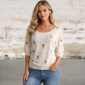 About A Girl Cream Blouse with Brown Crosses Size Small